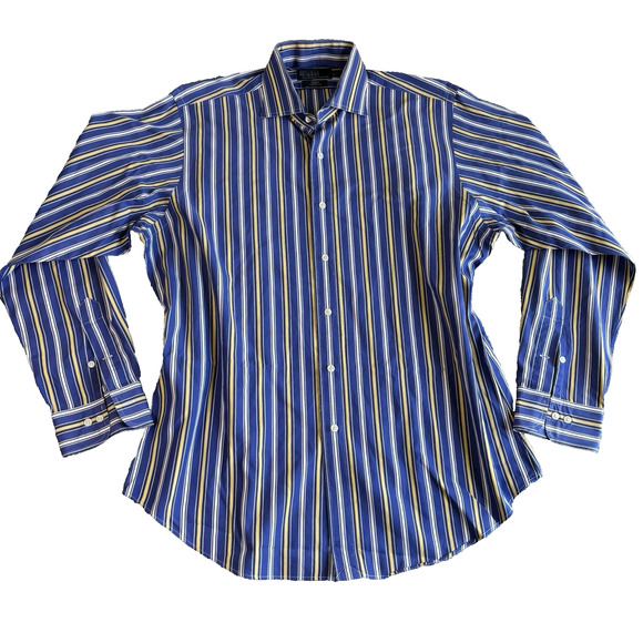 Polo Ralph Lauren Shirt Blue‎ & Yllw Striped Regent Button Up Long Sleeve Mens L - Picture 1 of 8